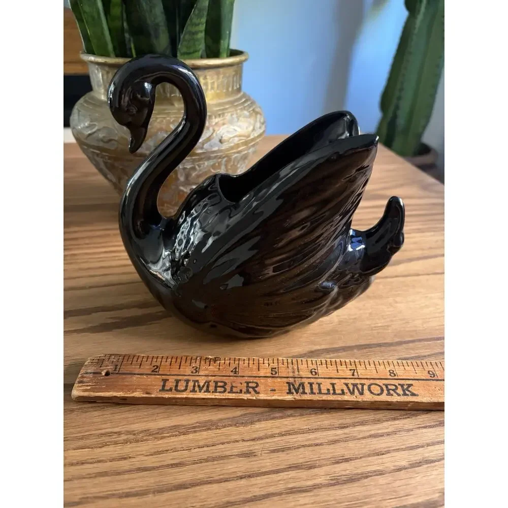 Vintage Midcentury Black Ceramic Swan Planter Black Swan Vase
